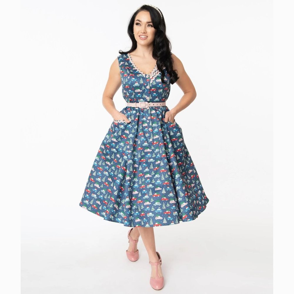 Unique Vintage Blue Novelty Print Midi Dress with Pink Belt